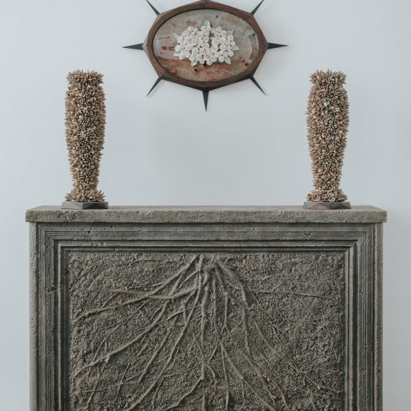 'Alter Suite (with vases)'2021, Resin, fibreglass, spent bullets, porcelain, steel, recycled timber, concrete, found target, glass, pigments, 150 x 156 x 40cm (immortelle 76 x 61 x 5cm). Photo: Lakshal Perera.
