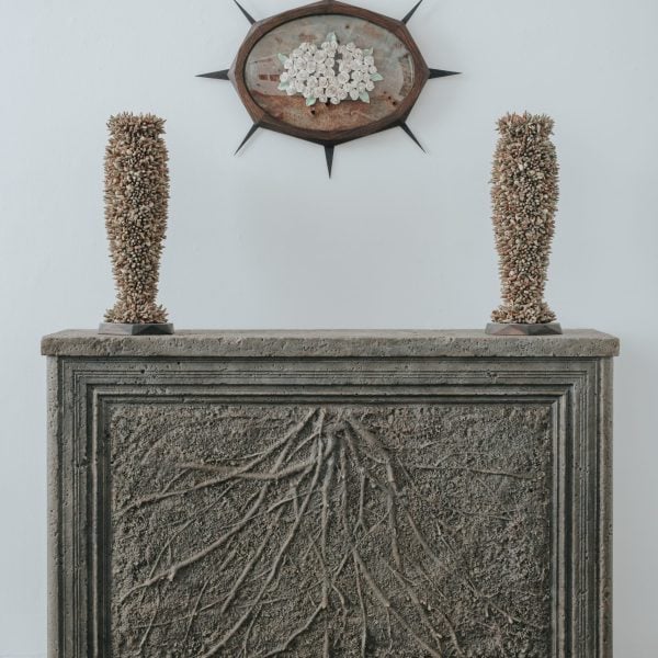 'Alter Suite (with vases)'2021, Resin, fibreglass, spent bullets, porcelain, steel, recycled timber, concrete, found target, glass, pigments, 150 x 156 x 40cm (immortelle 76 x 61 x 5cm). Photo: Lakshal Perera.