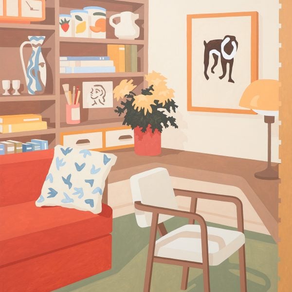 “A Dark Teakwood Desk Lends a Warm Atmosphere to the Room” 2023, 120x180cm, acrylic on canvas