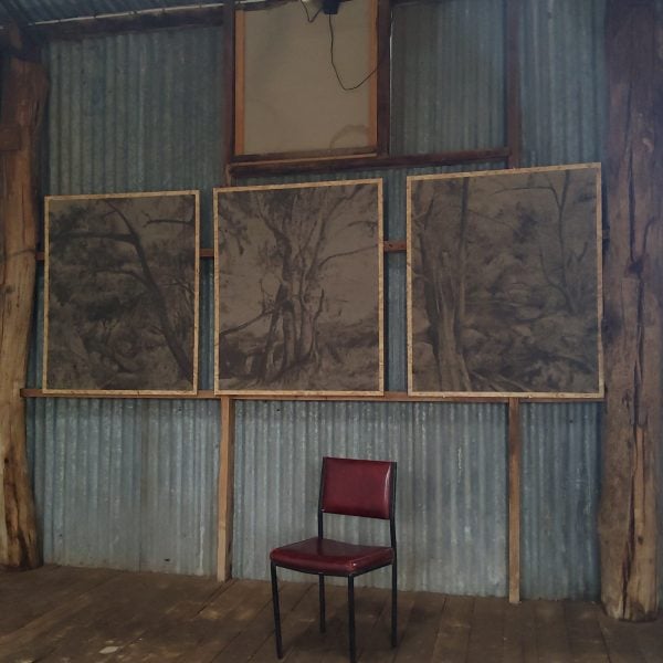 Works in progress on Wiradjuri Country Central Western NSW, Foraged earth pigments, ash, carbon and plant matter on OSB board. Photo: Phoebe Cowdery / the CORRIDOR project.