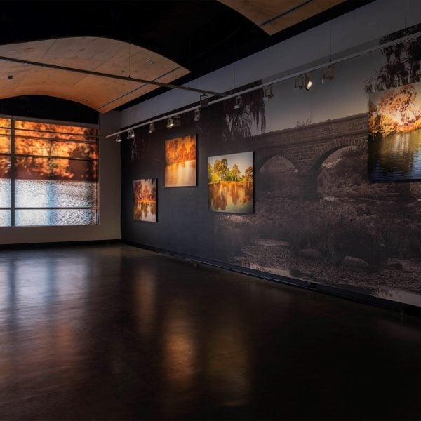 Peta Clancy, 'Here merri merri lies', From the exhibition 'Future River: when the past flows', curated by Kimba Thompson, Counihan Gallery, Victoria. 2024. Photographs mounted on dibond, duratran on window, wallpaper prints. Installation view (mounted photographs 1500mm width x 1000mm height each). Image courtesy the artist and Dominik Mersch Gallery. Photo: Peta Clancy.
