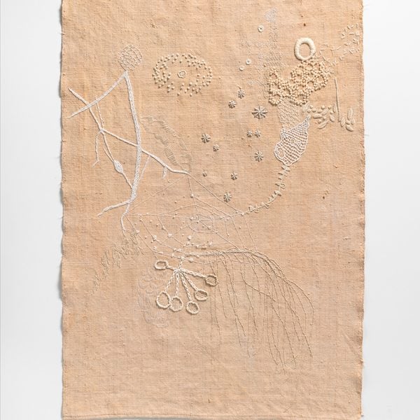 Sera Waters, Local Patterns Sampler, 2023, various threads on hand-dyed repurposed linen. Photo: Grant Hancock.