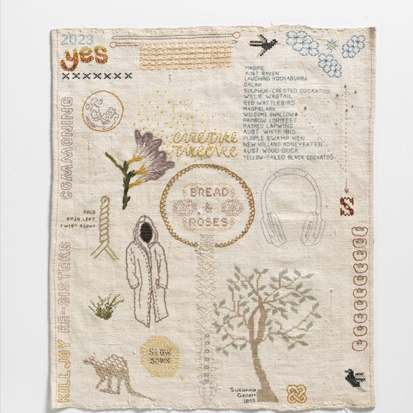 Sera Waters, Survivalist Sampler #4, 2023, cotton on repurposed linen. Photo: Grant Hancock.