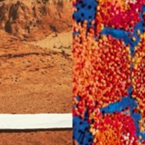 Composite image of both artist’s work. On Left: Natalie O’Connor conducts an observation of Cadmium Red against ta backdrop of Red Earth at Lake Mungo. On Right: A detail view of Jo Mellor’s intricate and embroidered threads as they form patterns and mappings of place on fabric.