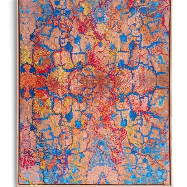 JO MELLOR, At the Junction. Broken Hill Cobalt Project. Wilyakali Country (1) Digital print embroidered with wool and embroidery thread. 2023. Photo: Nick De Lorenzo