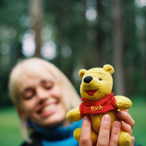 Behind the Scenes of 'Even the Dinosaurs Were Young'. Meg and Winnie the Pooh. Photo: Renee Kypriotis.
