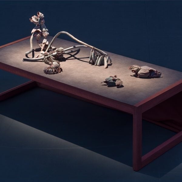 Michaela Pegum, Entangle, 2022, copper, velvet, silver, bronze, timber, artificial leather, 1370 x 410 x 605mm. Photo: Matthew Stanton