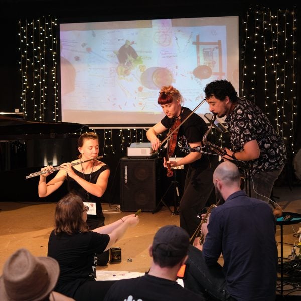 The Music Box Project performing Snip Stick Game at Cut Paste Play, March 2024. Photo: Sebastian Schmid