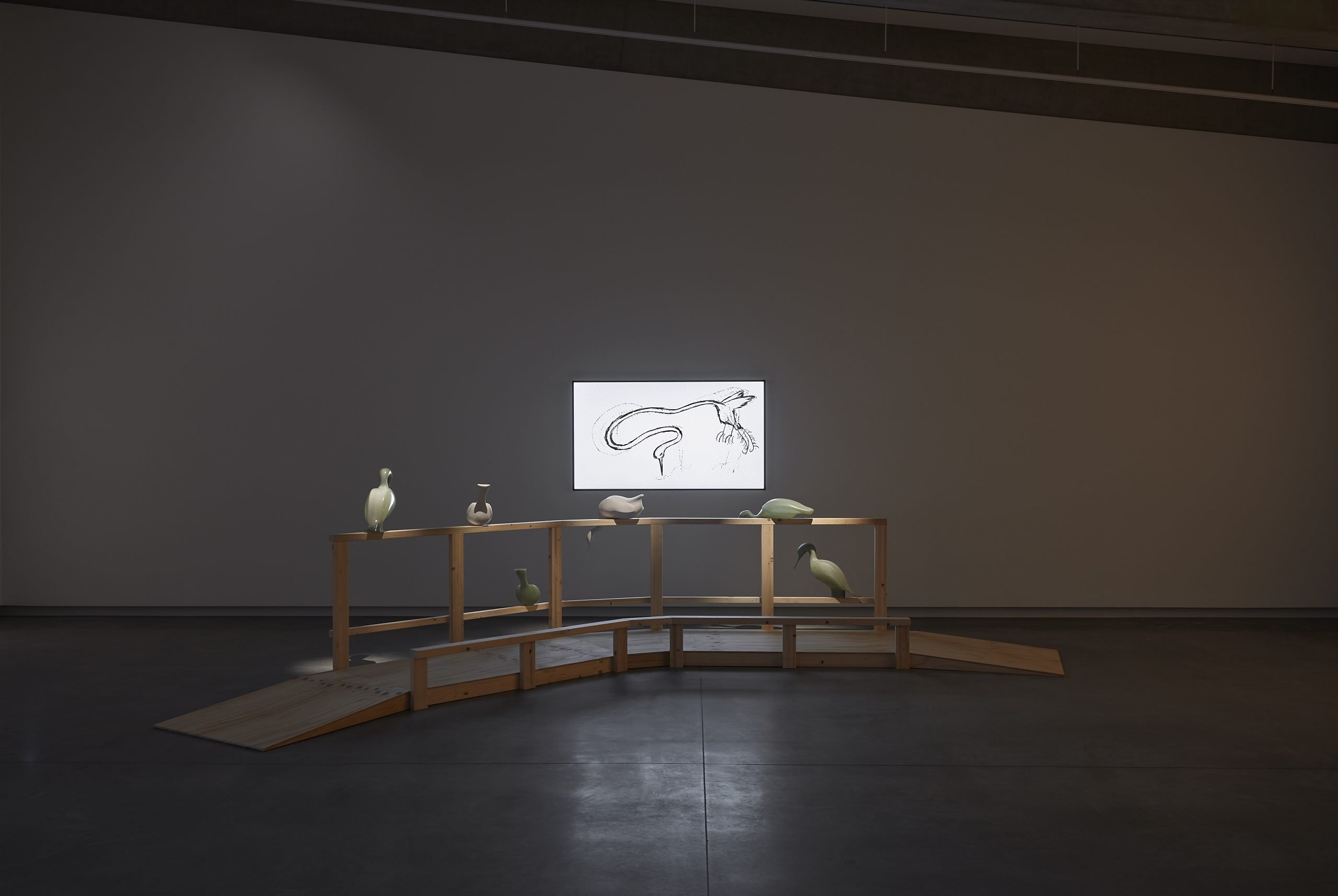 Sorawit Songsataya, Comfort Zone, 2021, single-channel HD video with sound, Voice by Awa Puna (Ngāti Kahungunu ki Wairoa), 9.10min, courtesy of the artist, The Interior, 2019, fibreglass, polyester resin, acrylic lacquer, laminated pine timber, plywood. Courtesy of private lender, Auckland. Photo by Zan Wimberley.