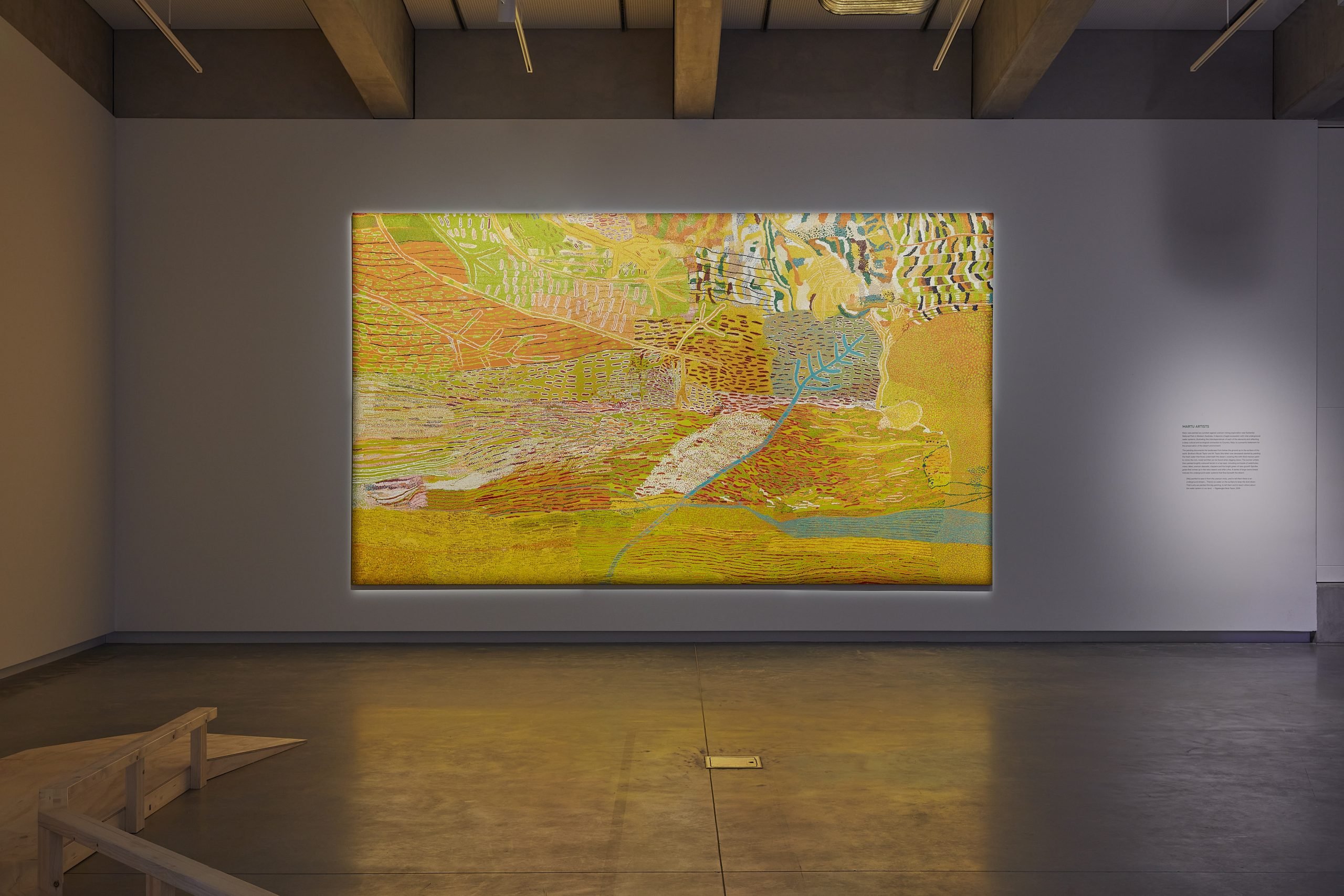 Ngamaru Bidu, J. Biljabu (deceased), Bowja Gaye Patricia Butt, Kumpaya Girgirba, Noelene Girgirba (Lanky) Oates, Muuki Taylor, N. Taylor (deceased), Ngalangka Nola Taylor, W. Taylor (deceased). Kalyu, 2014, synthetic polymer paint on linen 300 x 500cm. Collection of the Museum of Contemporary Art Australia. Photo by Zan Wimberley.  