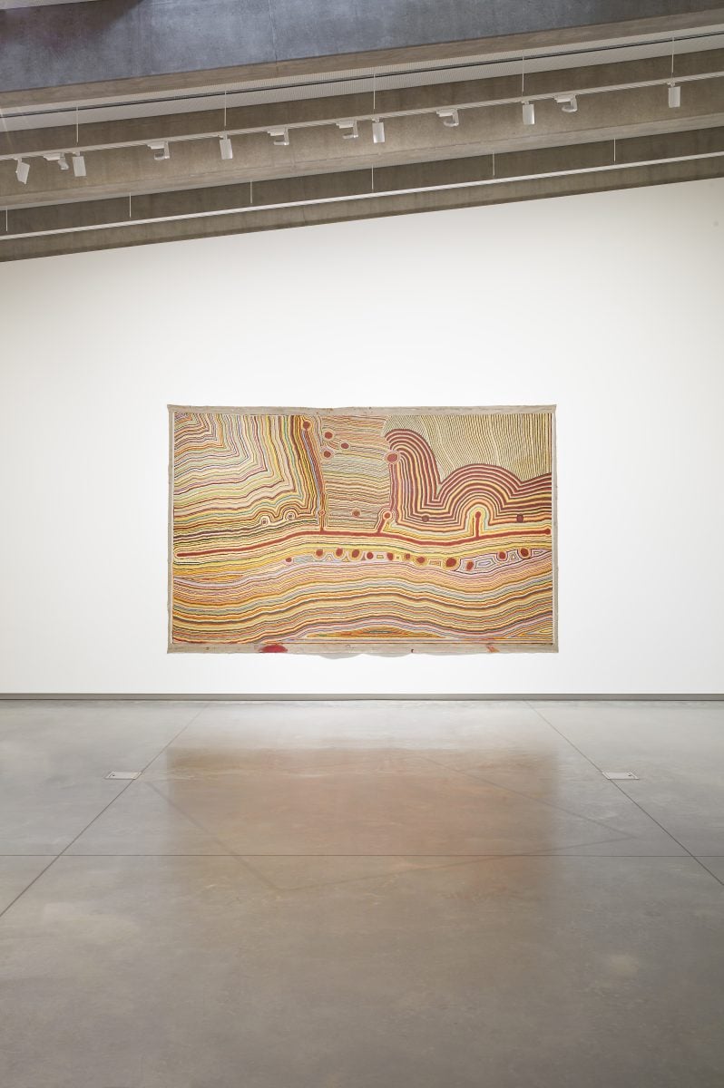 First Nations Australian artwork in warm colours