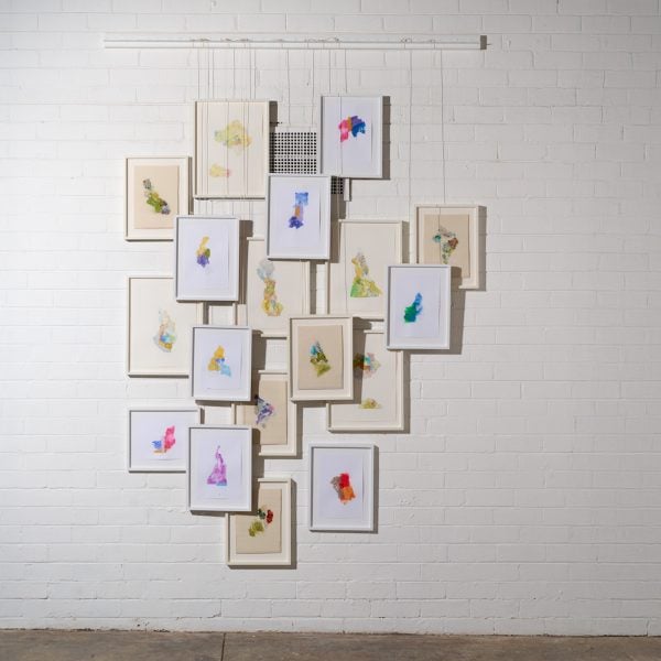 OverLay, 2025, framed drawings on felt and paper, wrap thread, perforated steel. Dimensions variable. Photo: Kit Edwards