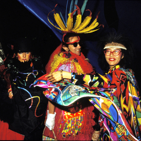 Linda Jackson and Jenny Kee with decorative fashion look
