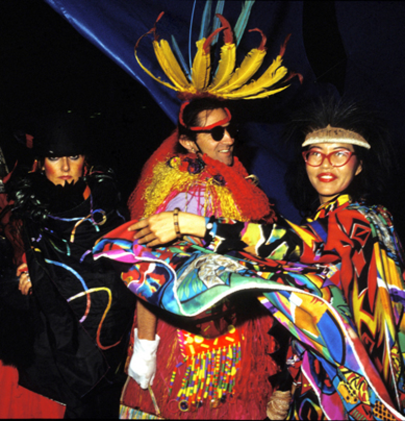 Linda Jackson and Jenny Kee with decorative fashion look